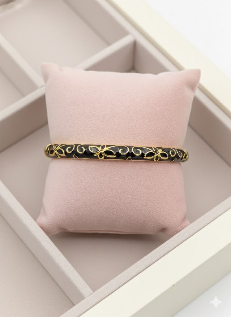 Aurelia 6 Noir Bloom Demi-Fine Anti-Tarnish Gold & Black Enamel Kada Bracelet for Women - The Soul Jewellery