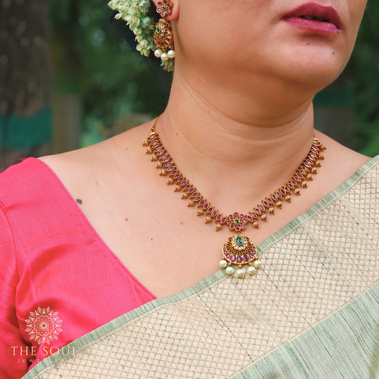 Saroja Antique Matte Gold Plated Short Necklace Set with Floral Design - The Soul Jewellery