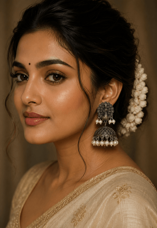 Mayura Pearl Jhumka Earrings for Women – Oxidized Silver Peacock Dome Earrings with Pearl Drops - The Soul Jewellery