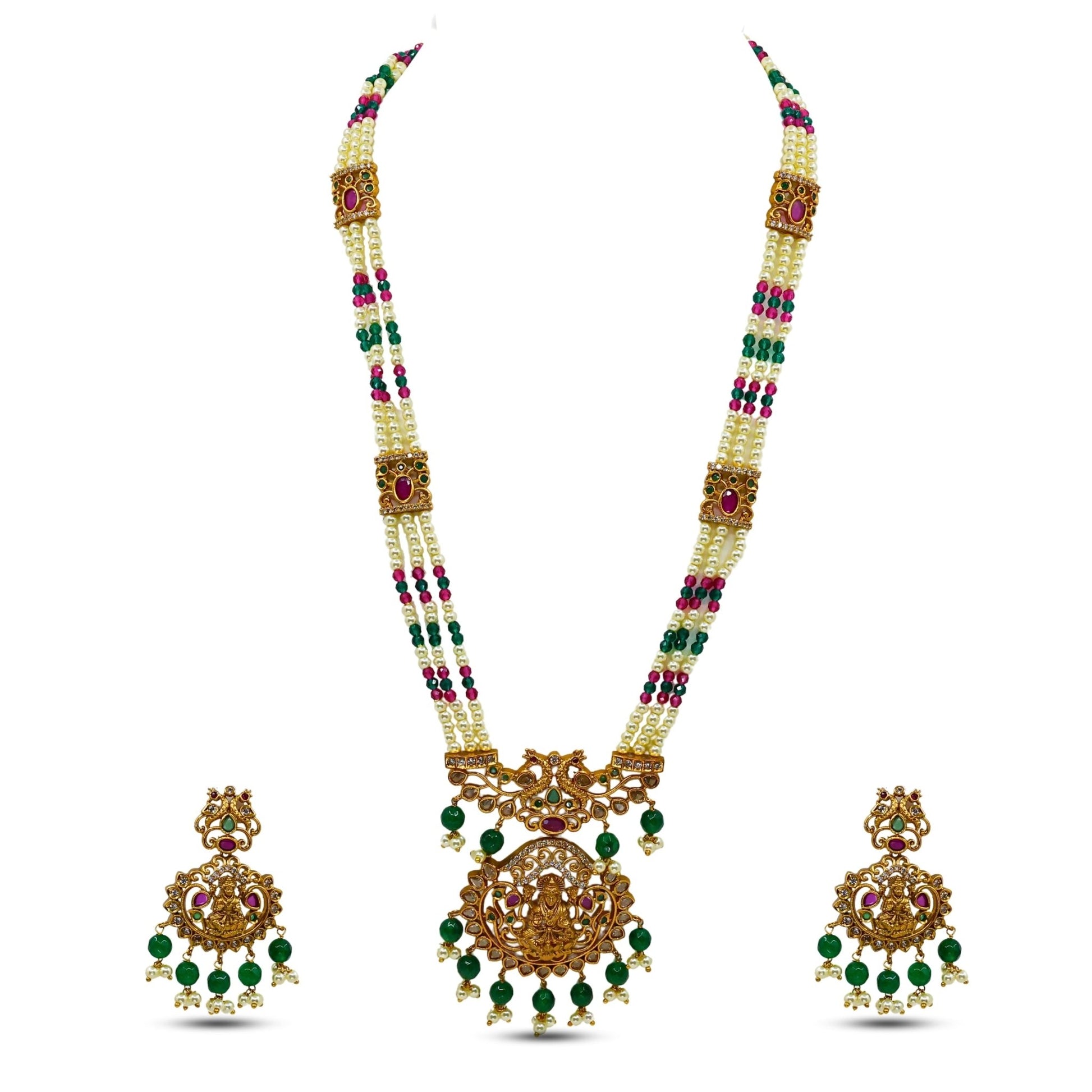 Ambuja Antique Matte Gold Plated Long Temple Necklace Set with Lakshmi Idol & Peacock Design - The Soul Jewellery