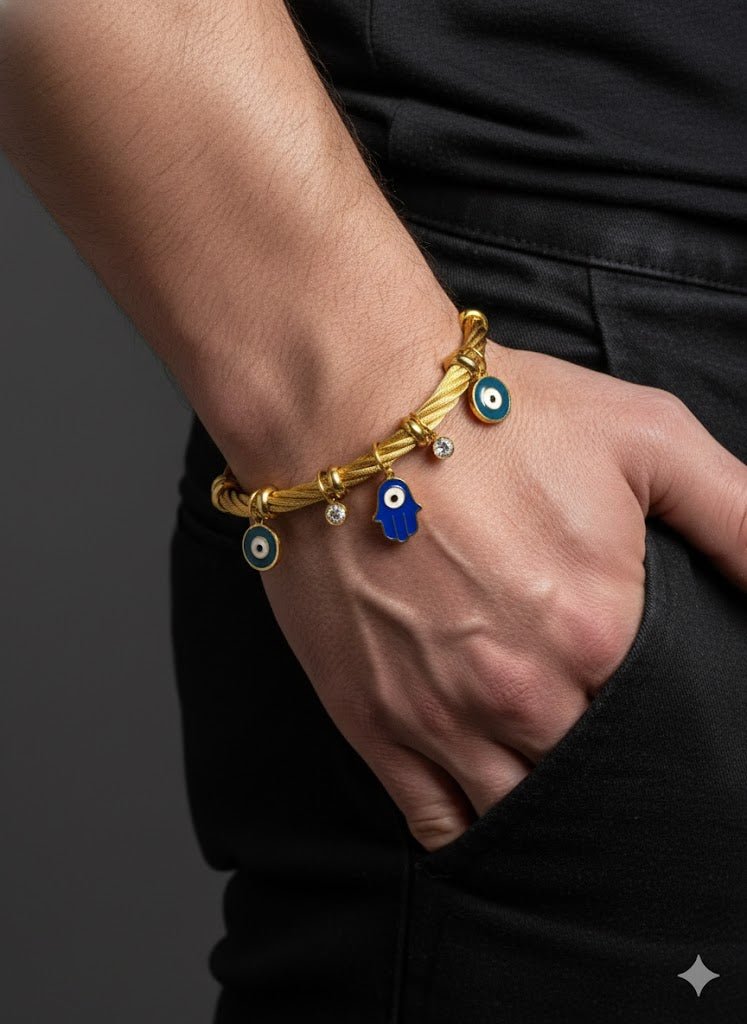 Elegant 18K Gold-Plated Evil Eye & Hamsa Charm Bracelet – Anti-Tarnish Turkish Bangle for Men & Women - The Soul Jewellery