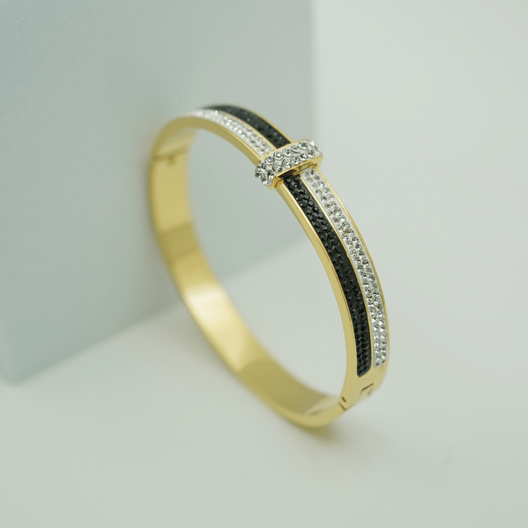 18K Gold - Plated Anti - Tarnish Bangle with Dual - Tone Black and White Crystal Detailing RGB357 - The Soul Jewellery