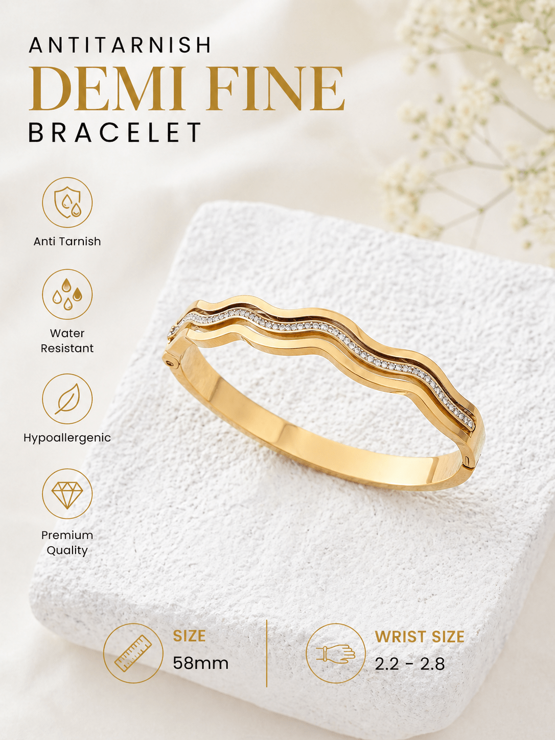 Waves of Elegance Aura 27™ Gold Cuff Bracelet for Women – Wave Design| Anti-Tarnish Demifine Bangle - The Soul Jewellery