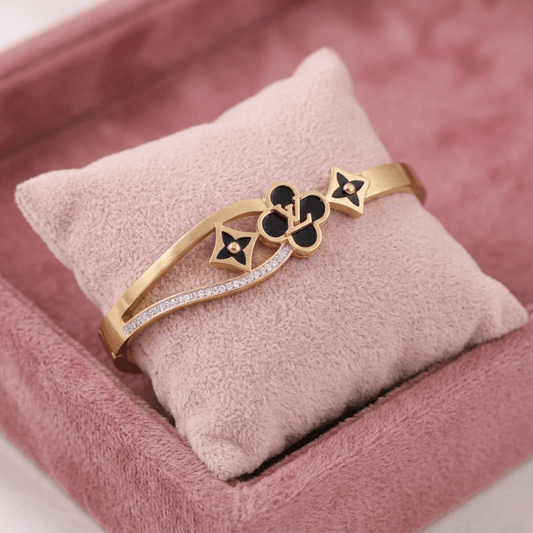 18K Gold LV - Inspired Anti - Tarnish Bangle – Black & Crystal Accents Lucky 7 Daily - Wear Bracelet - The Soul Jewellery