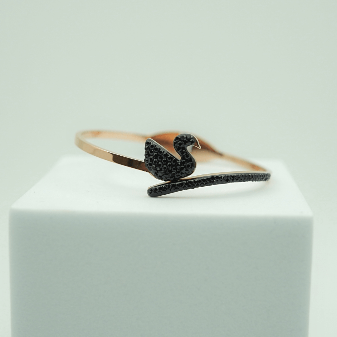 Rose Gold-Plated Swarovski-Inspired Anti-Tarnish Bangle with Black Swan Design – Bracelet for Women - The Soul Jewellery