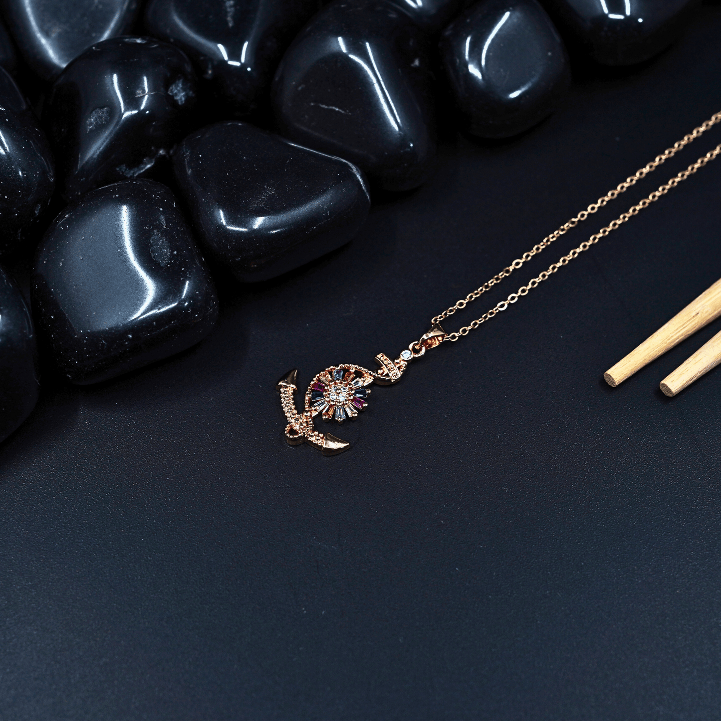 Blooms in Motion: 18K Rose Gold Plated Anti Tarnish Chain Pendant Necklace with Multi Stone Studded Flower Boat Pendant ATCP107 - The Soul Jewellery