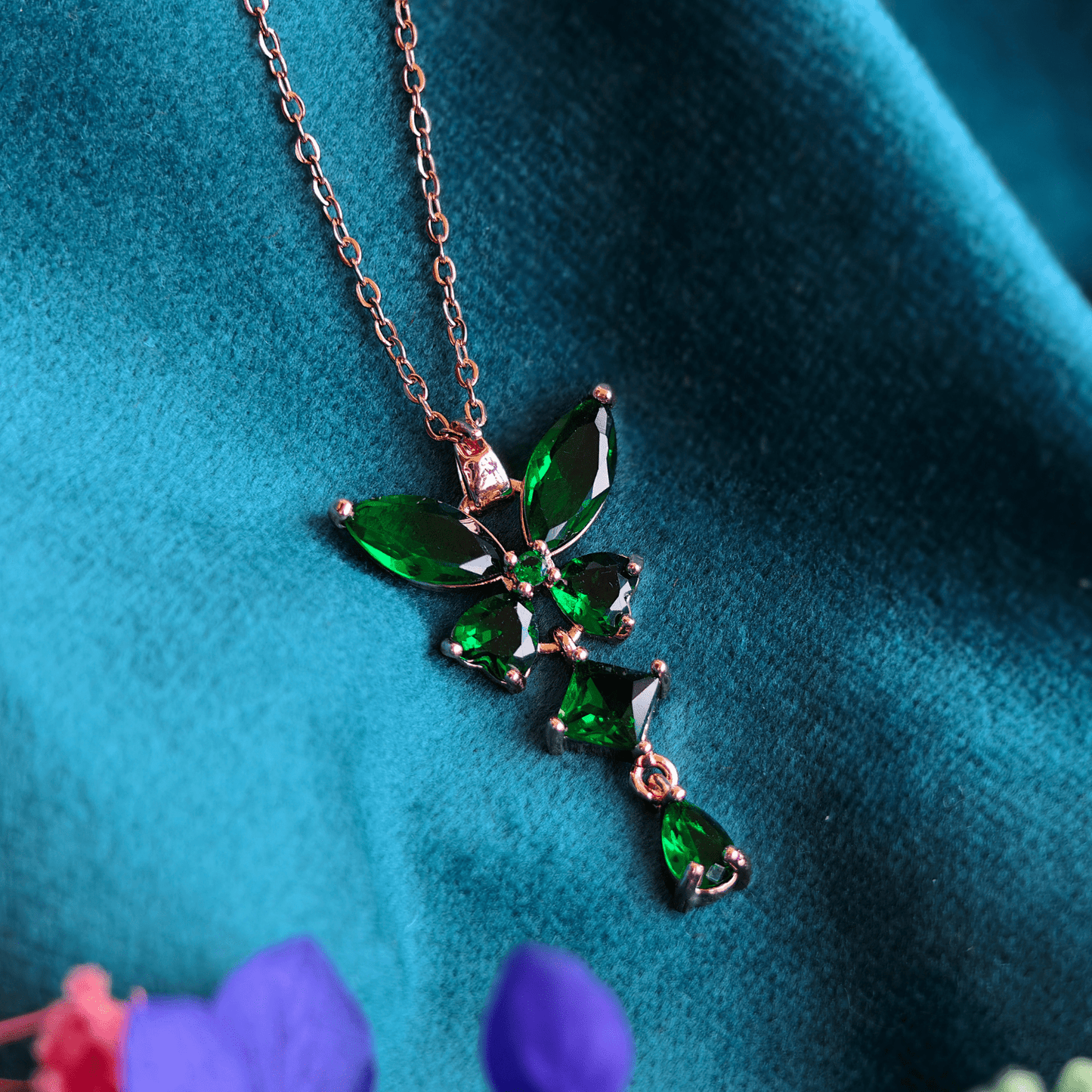 18K Rose Gold Plated Green Crystals Anti Tarnish Chain Pendant Necklace RGCP144 - The Soul Jewellery