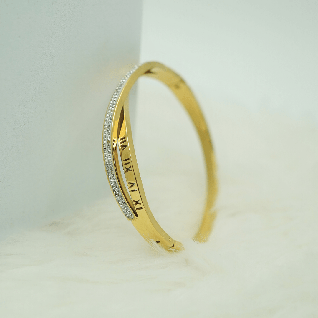 Luxury 18K Gold Plated Anti-Tarnish Roman Numeral Bangle Bracelet with Pave CZ Accents for Women - The Soul Jewellery