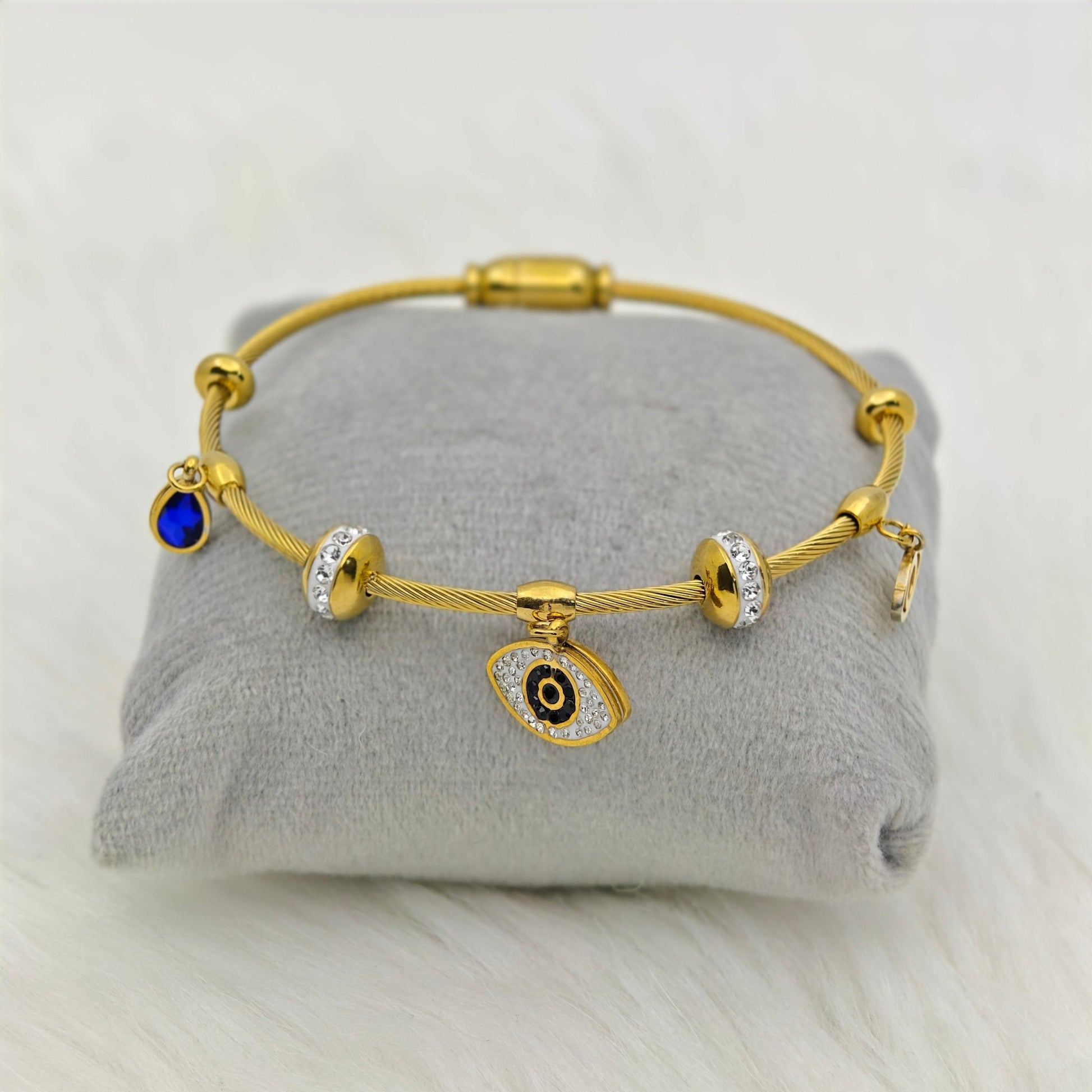 Gold - Plated Evil Eye Charm Bracelet – Anti - Tarnish Stainless Steel Bangle with CZ Accents RGB430 - The Soul Jewellery