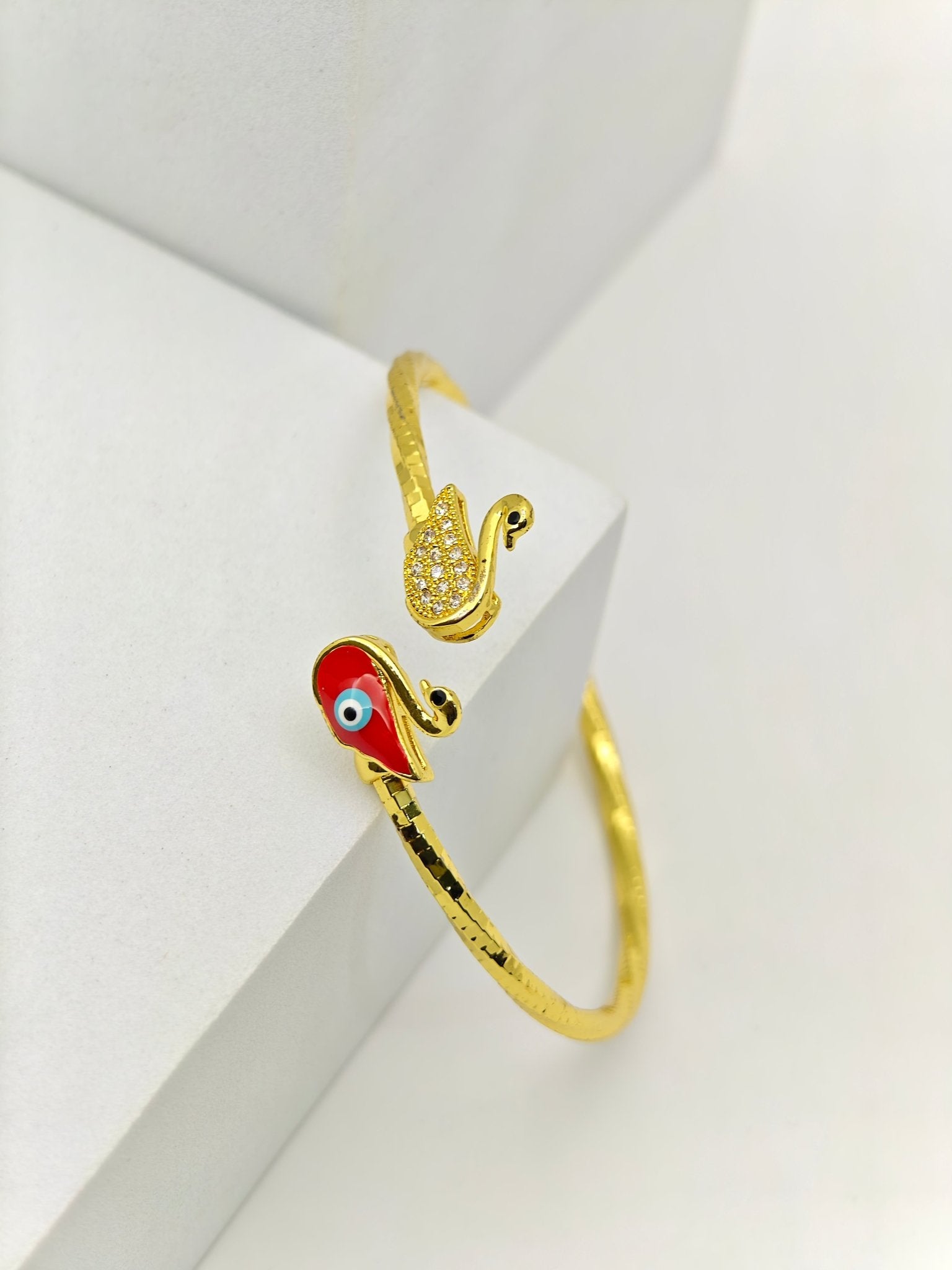 Swan Charm Gold Plated Enamel Bracelet for Women | Anti-Tarnish Stainless Steel Open Cuff Bangle - The Soul Jewellery