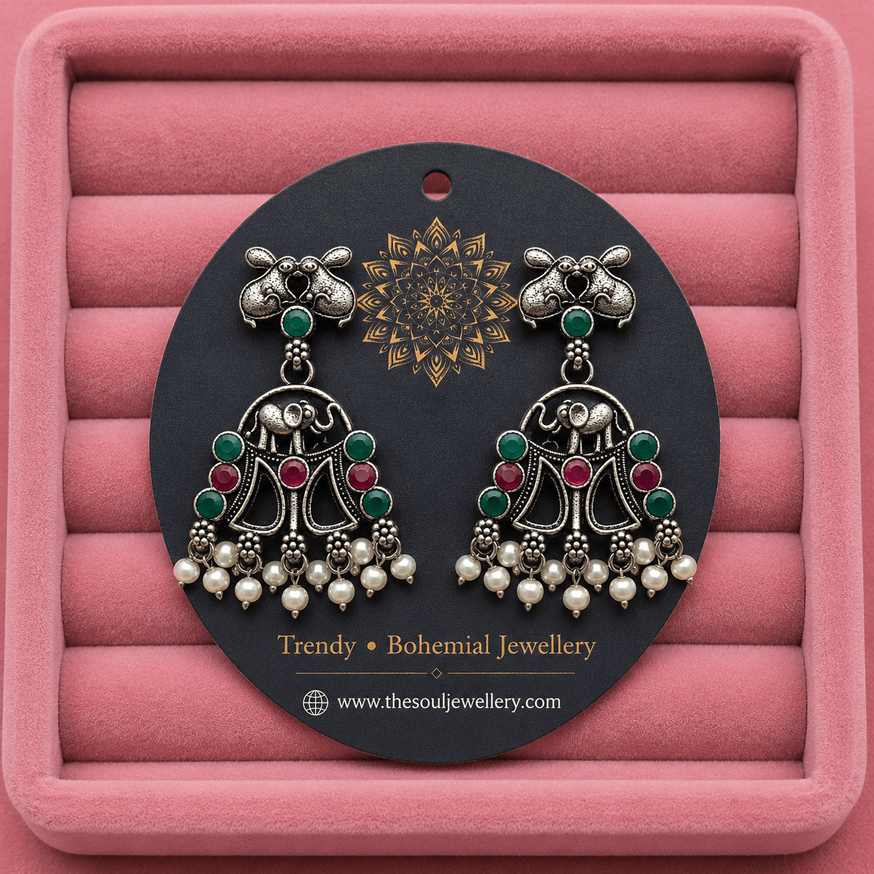 Oxidised Elephant Pearl Earrings for Women – Boho Tribal Earrings with Green & Red Stones - The Soul Jewellery