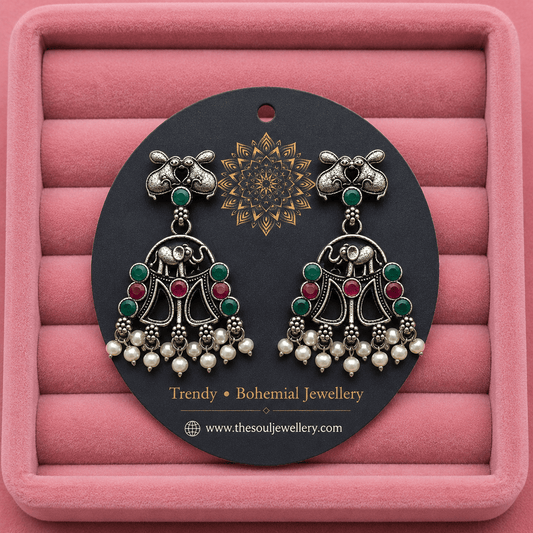 Oxidised Elephant Pearl Earrings for Women – Boho Tribal Earrings with Green & Red Stones - The Soul Jewellery
