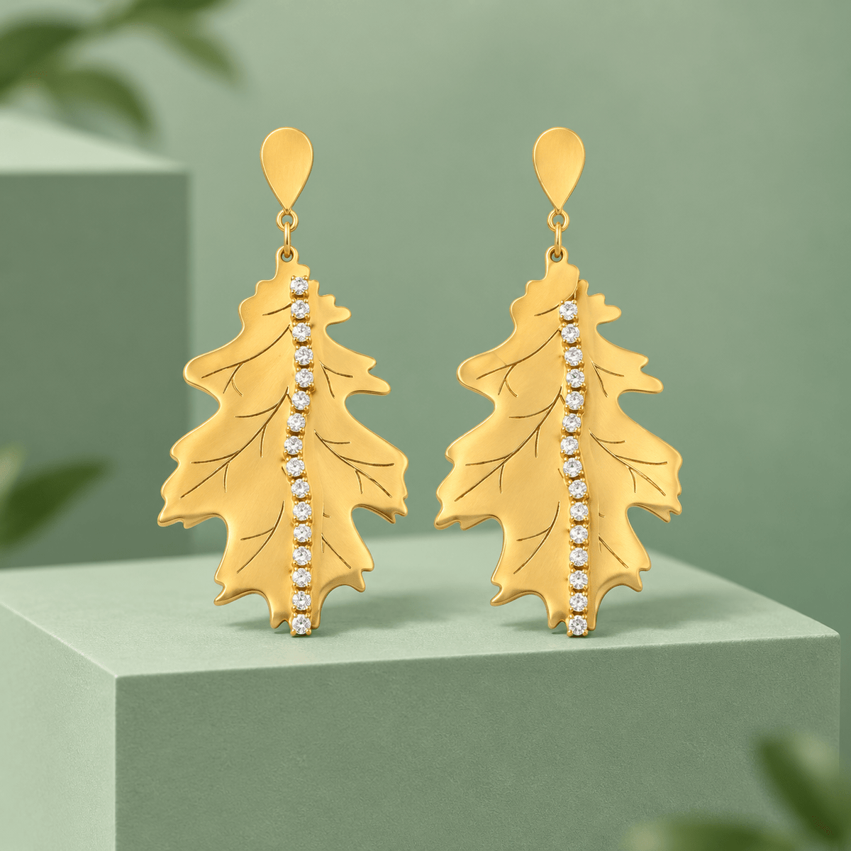 Gold-Tone Stainless Steel Crystal Leaf Drop Earrings for Women | Elegant Statement Dangle Earrings - Soul Jewellery