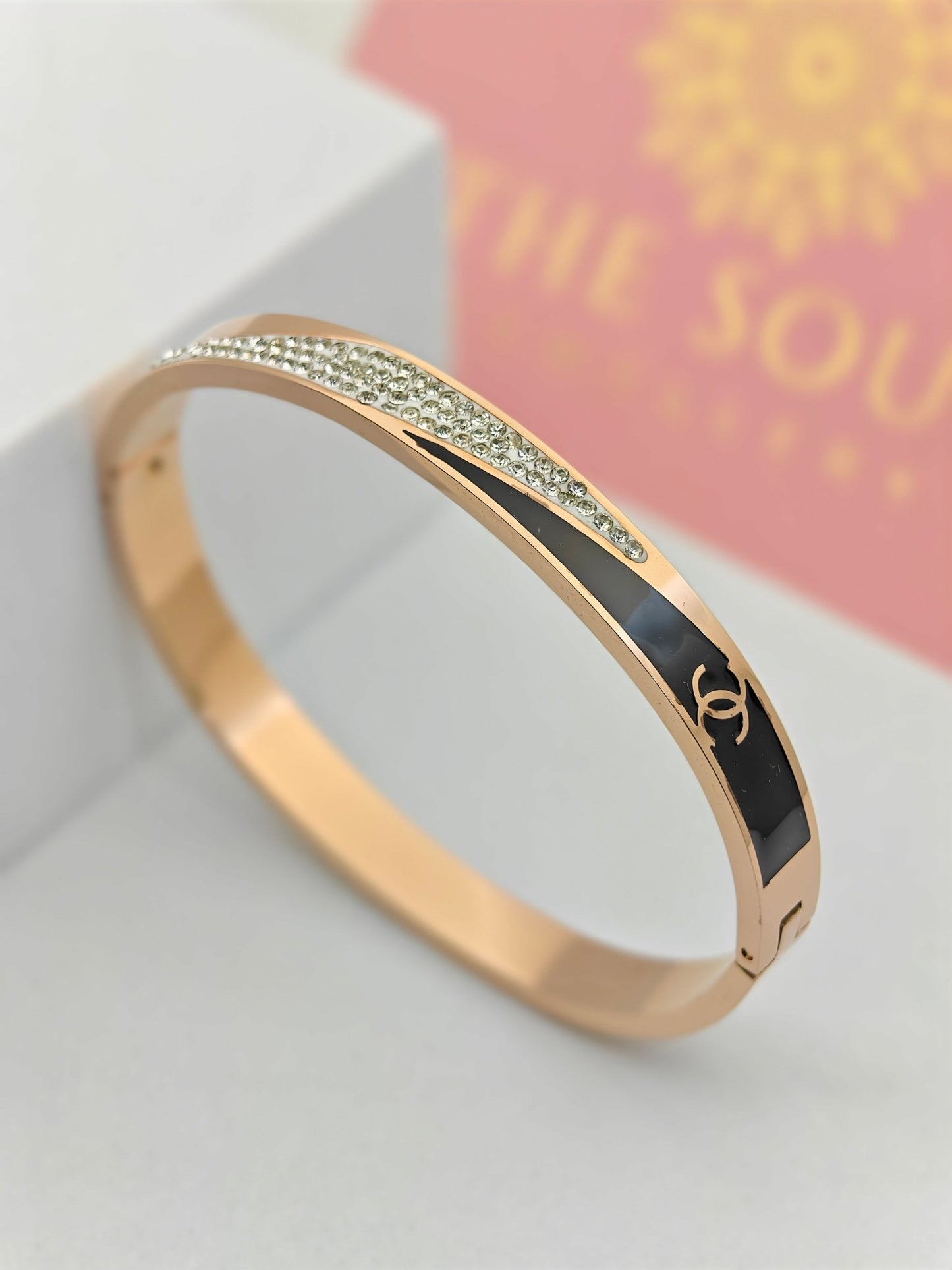 Rose Gold Anti-Tarnish Bracelet – Black Enamel & Crystal Designer Channel logo Engraved Women Bangle - The Soul Jewellery