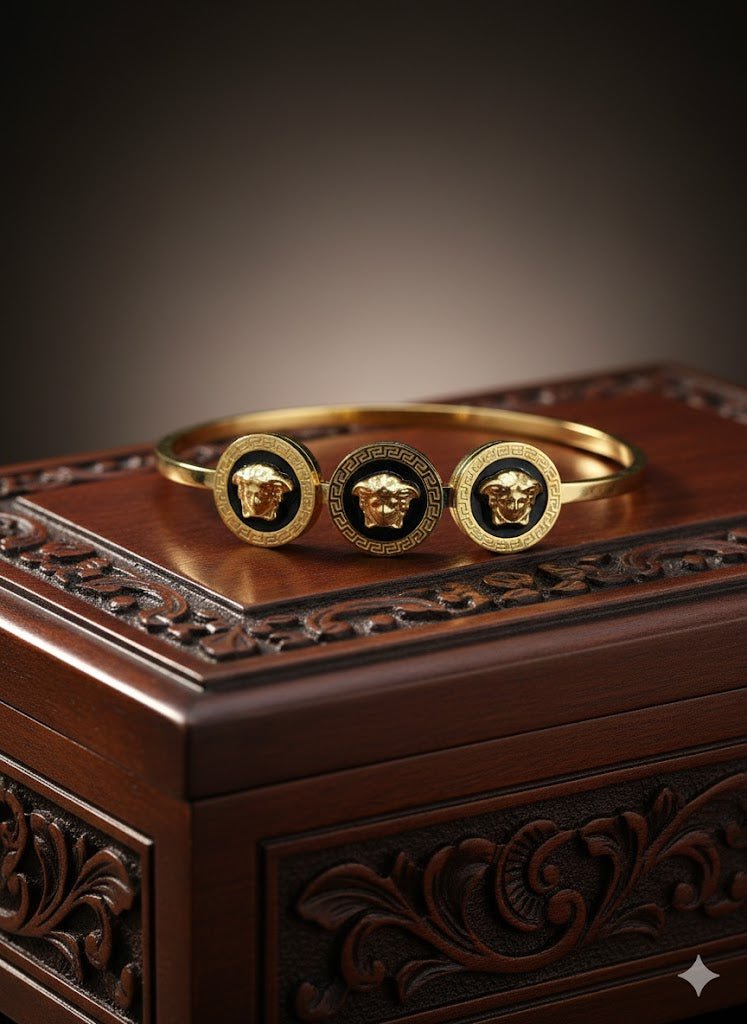 Versace-Inspired Medusa Motif Bangle Bracelet Black Enamel | AntiTarnish Stainless Steel Unisex Kada -The Soul Jewellery