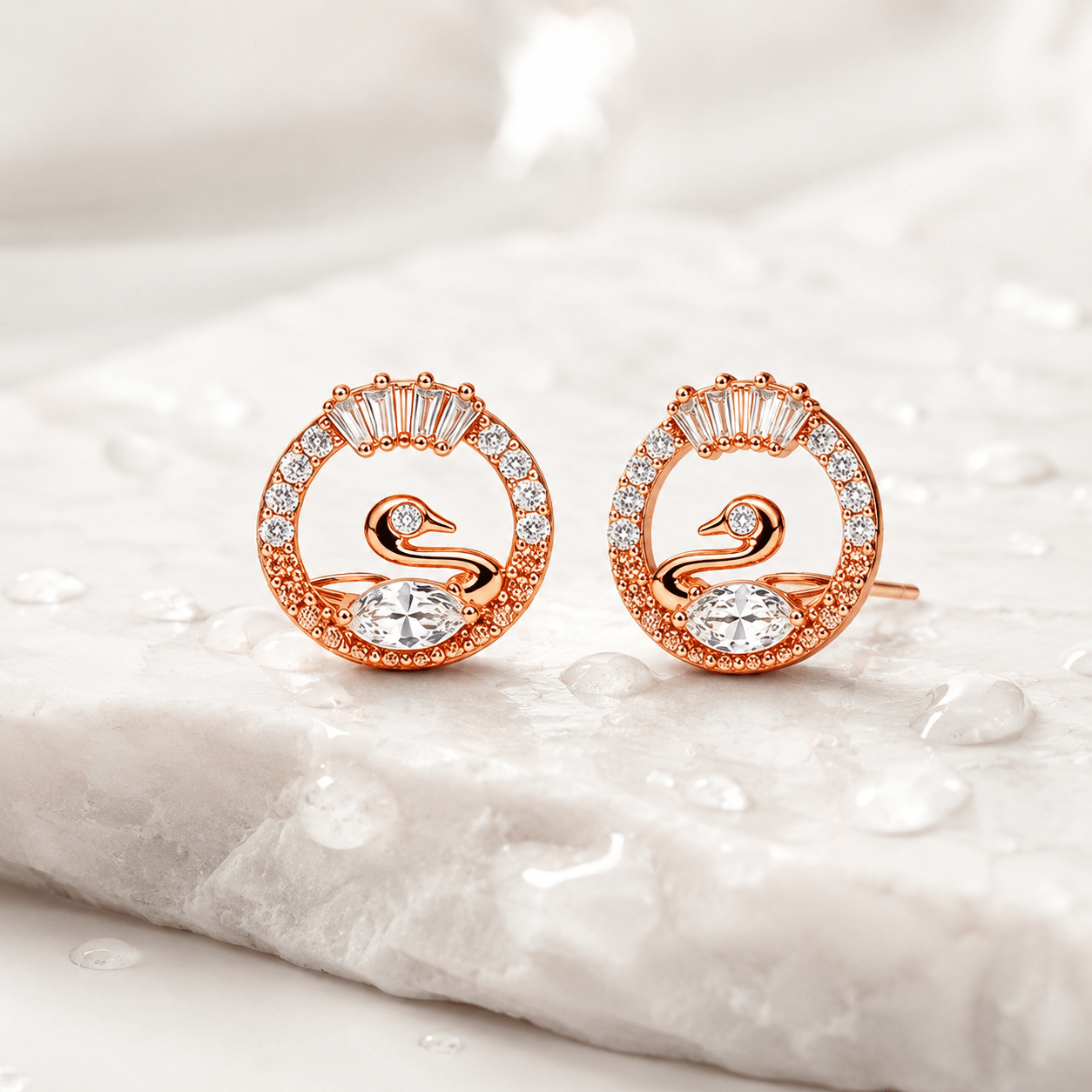 Rose Gold Swan Crystal Stud Earrings for Women – Sparkling Circular Demi Fine Earrings - Soul Jewellery