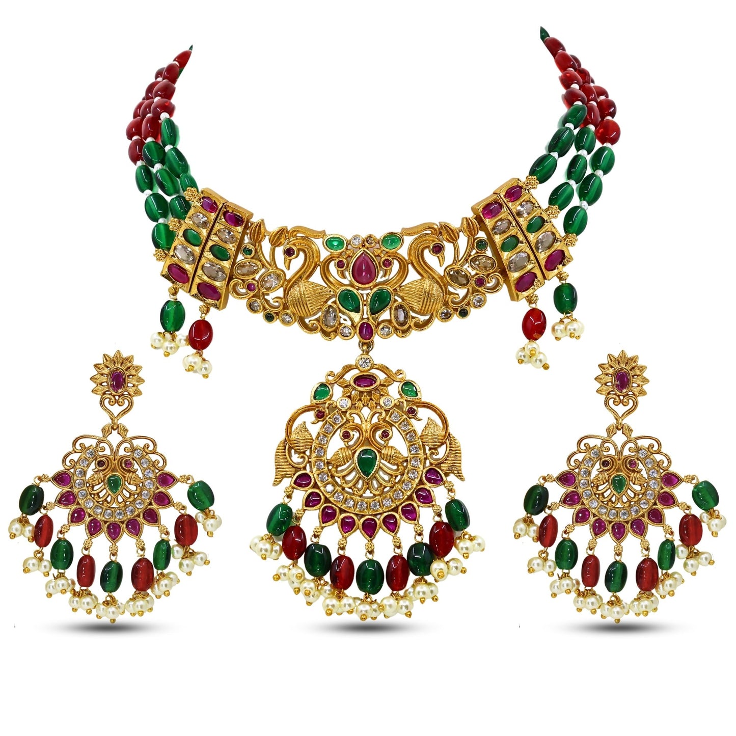 Malavika Antique Matte Gold Plated Choker Necklace Set with Peacock Design - The Soul Jewellery