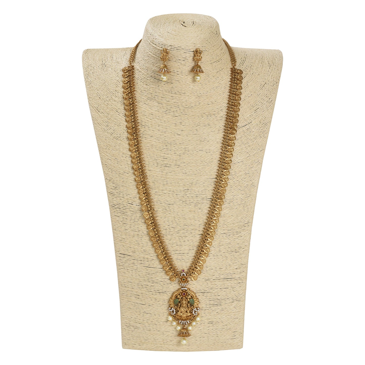 Deetya Antique Matte Gold Plated Long Coin Necklace Set with Lakshmi Idol - The Soul Jewellery