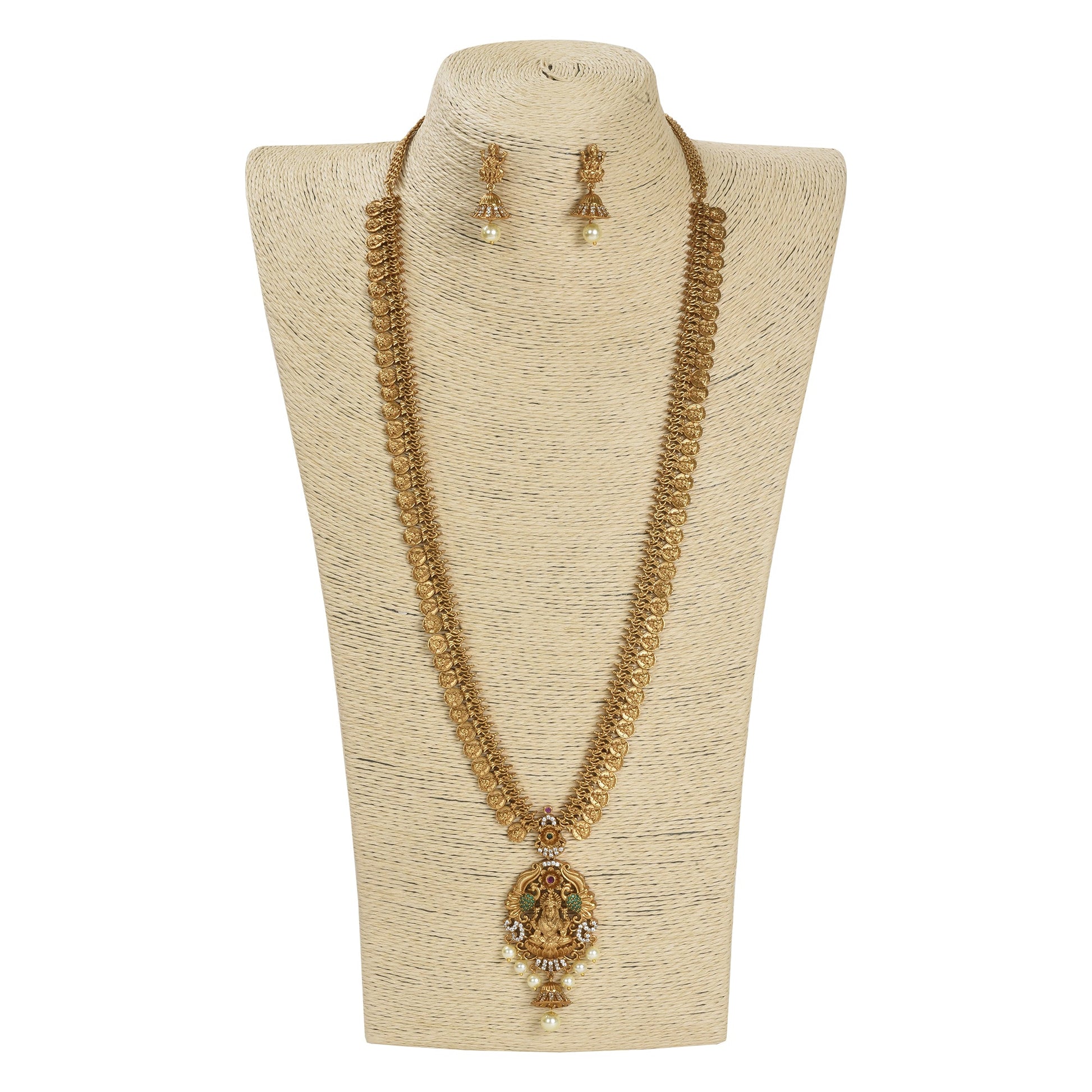 Deetya Antique Matte Gold Plated Long Coin Necklace Set with Lakshmi Idol - The Soul Jewellery