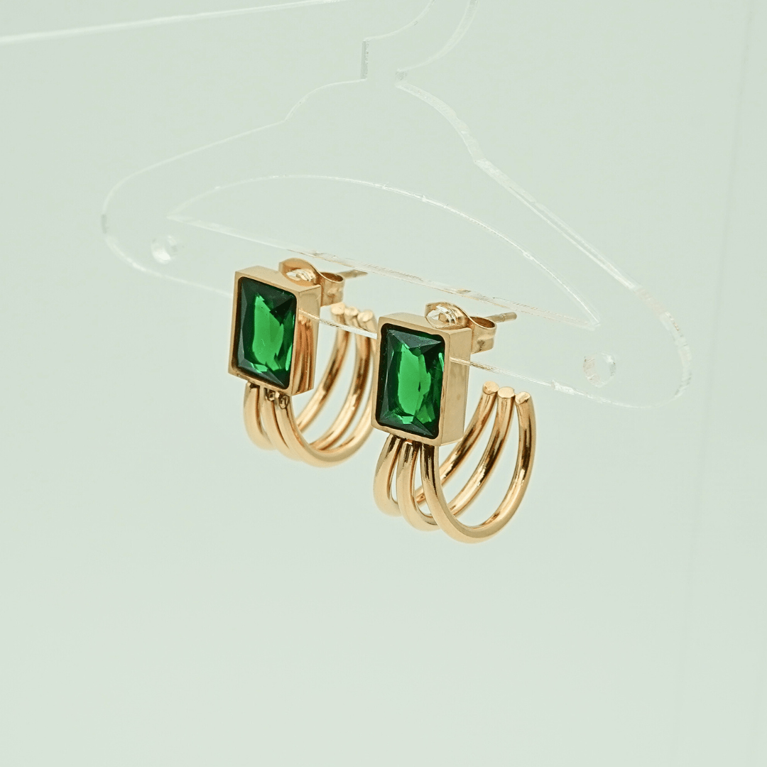 Luxury 18K Rose Gold Plated Triple Hoop Earrings with Emerald Green Crystal – Elegant Anti-Tarnish Stainless Steel ATEr217