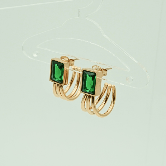 Luxury 18K Rose Gold Plated Triple Hoop Earrings with Emerald Green Crystal – Elegant Anti - Tarnish Stainless Steel ATEr217 - The Soul Jewellery
