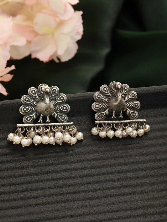 Oxidised Peacock Pearl Stud Earrings for Women – Antique Silver Replica Ethnic Boho Earrings - The Soul Jewellery