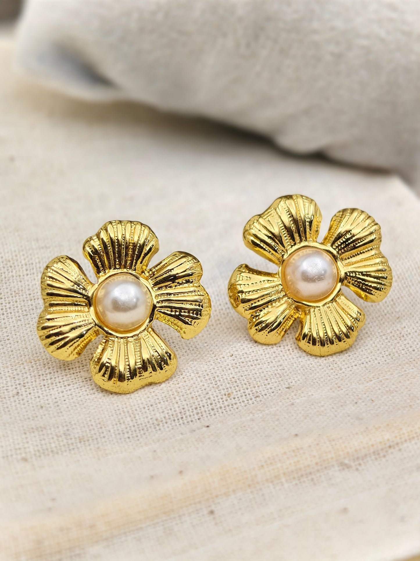 18K Gold Plated Floral Pearl Stud Earrings – Timeless Glamour - The Soul Jewellery