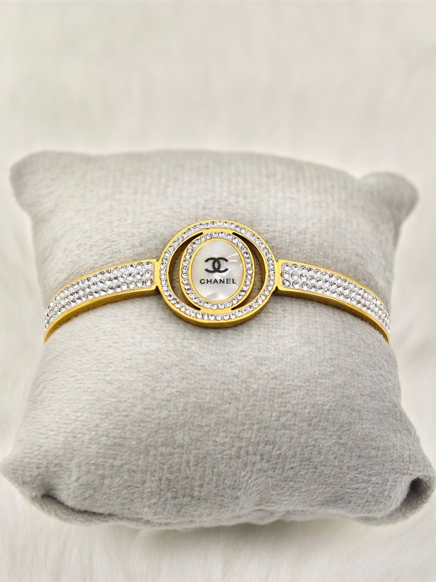 Luxurious 18K Gold Plated Anti - Tarnish Bangle with Chanel Engraving and Crystal Accents RGB247 - The Soul Jewellery