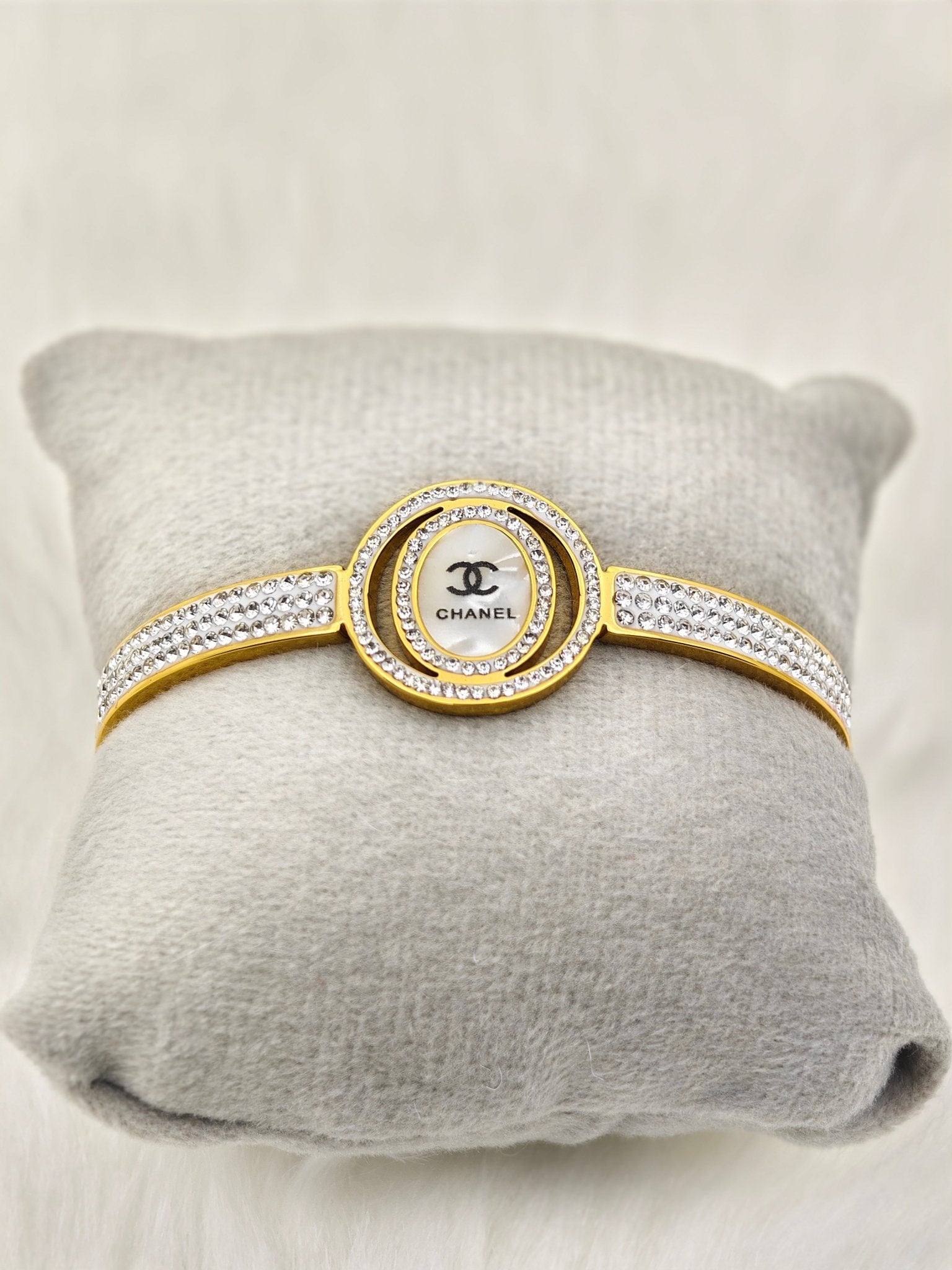 Luxurious 18K Gold Plated Anti - Tarnish Bangle with Chanel Engraving and Crystal Accents RGB247 - The Soul Jewellery