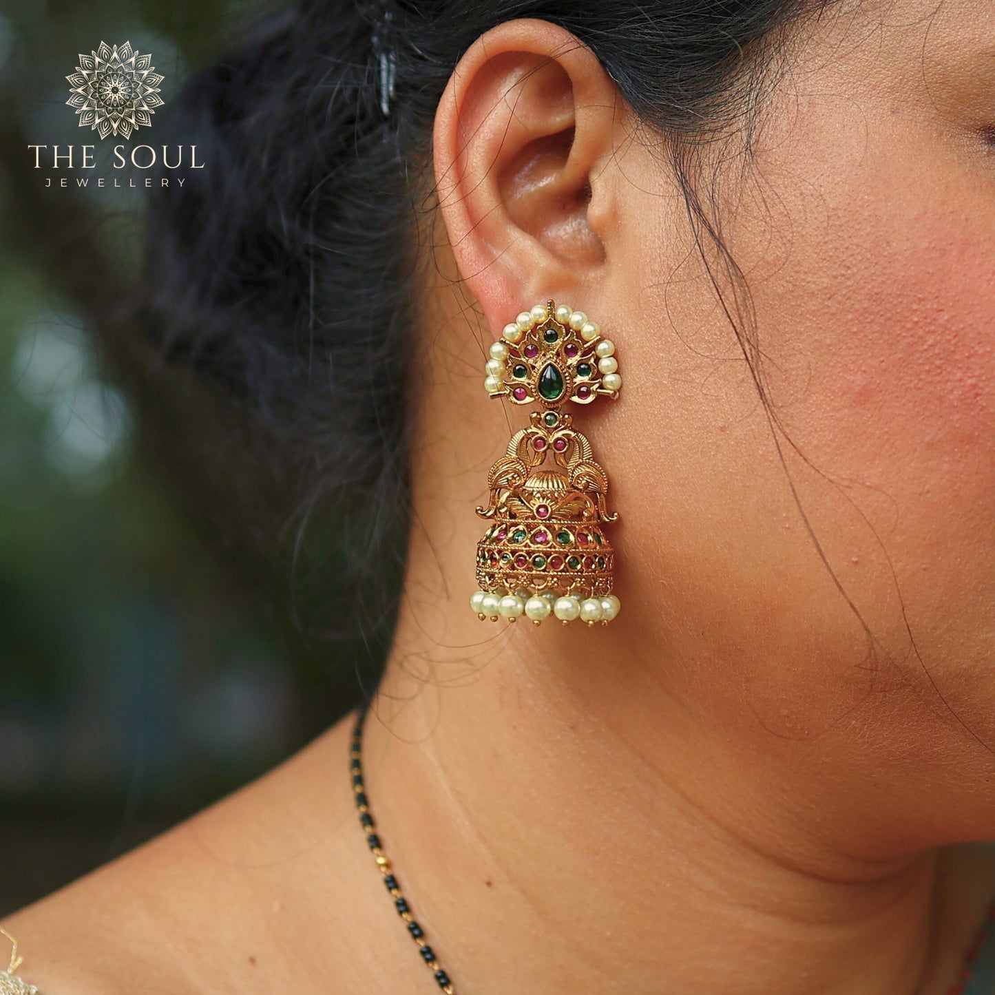 Arunima Antique Matte Gold Plated Jhumka Earrings - The Soul Jewellery