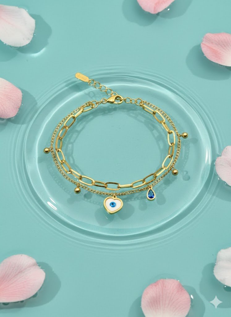 Aurelia 6 NazarHeart Dual - Chain Demi - Fine Anti - Tarnish Evil Eye Gold Bracelet for Women - The Soul Jewellery