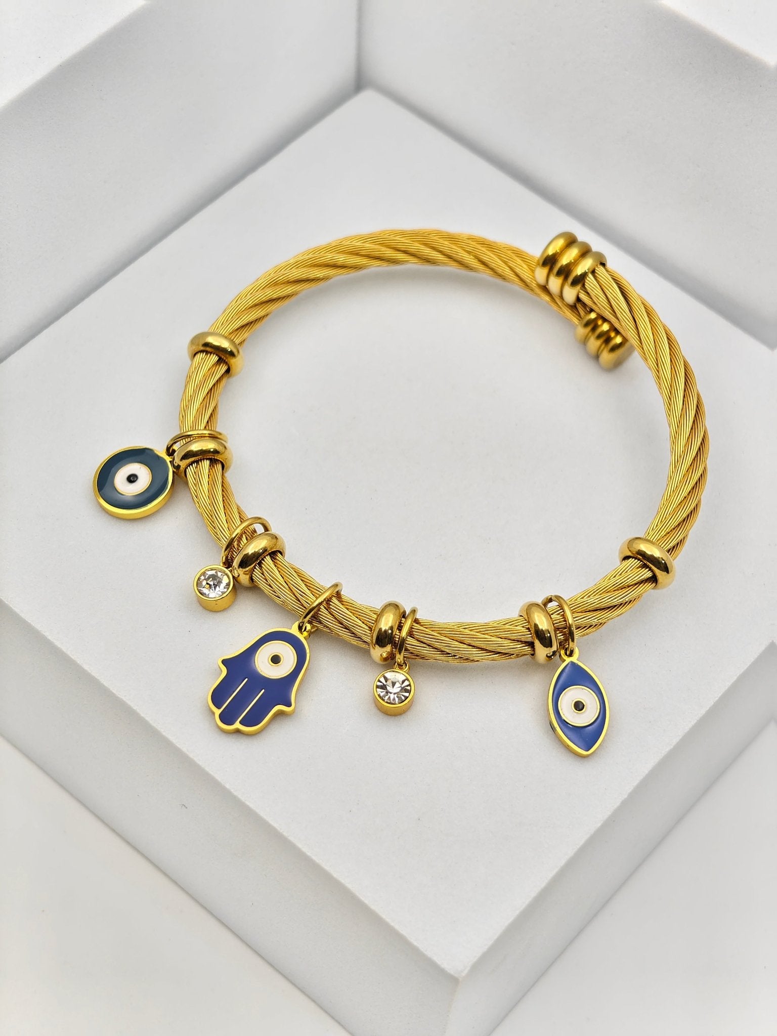 Elegant 18K Gold-Plated Evil Eye & Hamsa Charm Bracelet – Anti-Tarnish Turkish Bangle for Men & Women - The Soul Jewellery