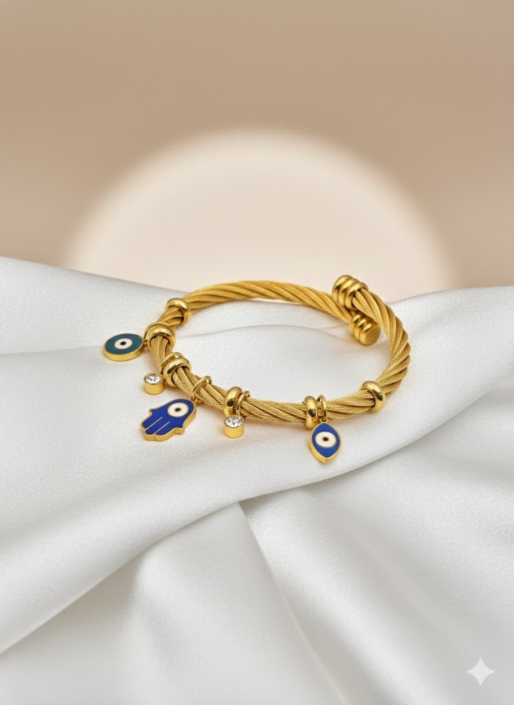Elegant 18K Gold-Plated Evil Eye & Hamsa Charm Bracelet – Anti-Tarnish Turkish Bangle for Men & Women - The Soul Jewellery