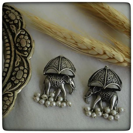 Gajraj Umbrella Oxidised Earrings for Women – Vintage Silver Elephant Pearl Drop Statement Earrings - The Soul Jewellery