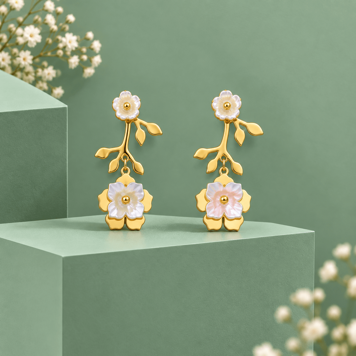 Gold-Tone Stainless Steel Pearlescent Floral Drop Earrings for Women | Elegant Flower & Leaf Dangle Earrings - Soul Jewellery