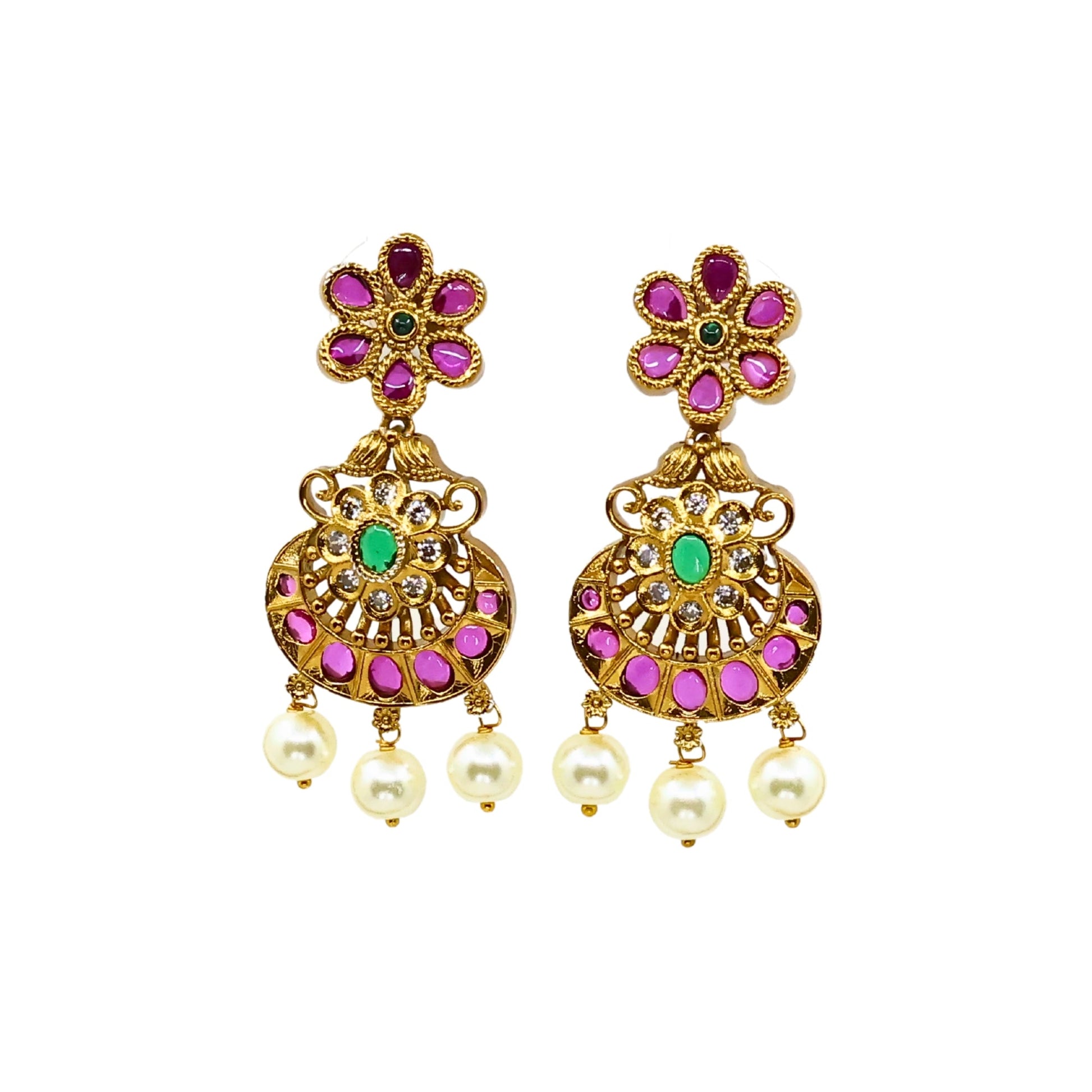 Saroja Antique Matte Gold Plated Short Necklace Set with Floral Design - The Soul Jewellery