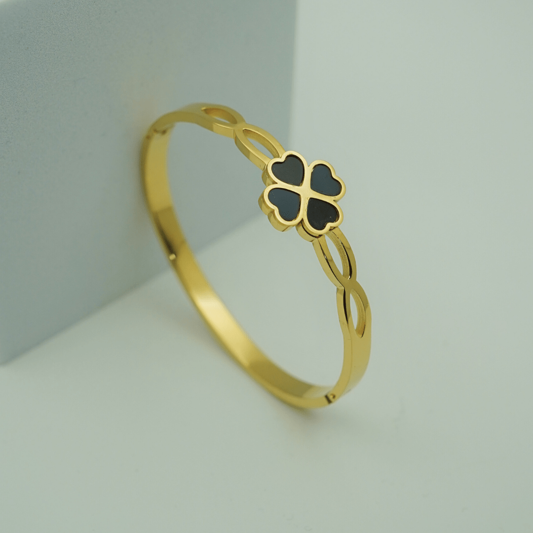 Gold Plated Anti-Tarnish Four-Leaf Clover Bangle Bracelet for Women–Lucky Charm Daily wear Bracelet- The Soul Jewellery