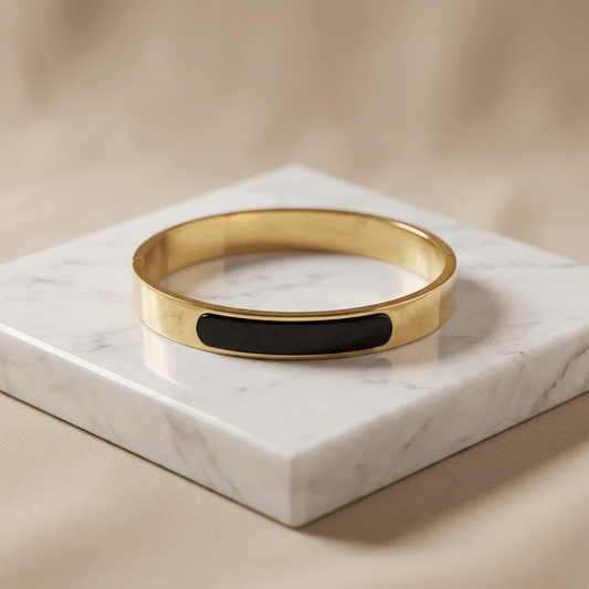 Noir Edge Aura 27™ Men’s Black & Gold Bracelet – Anti-Tarnish Kada | Premium Minimal Designer Cuff - The Soul Jewellery