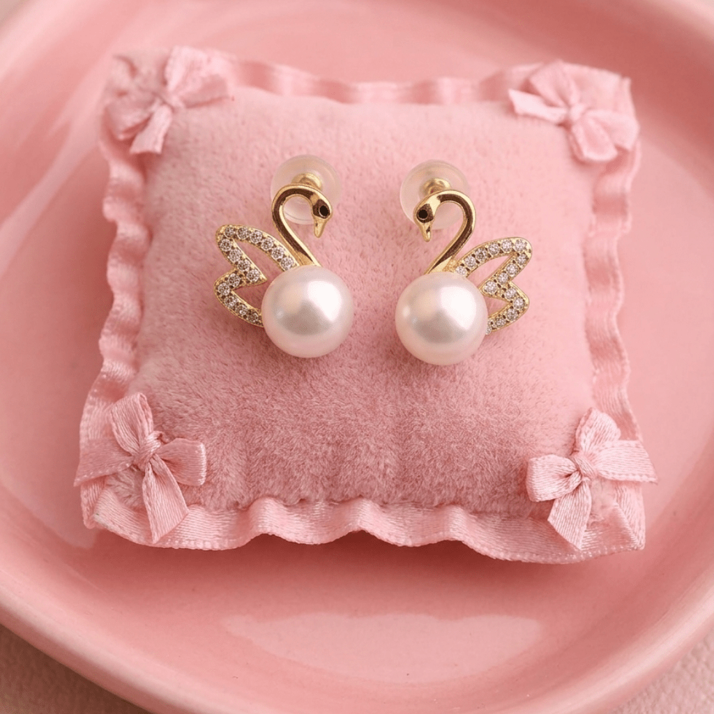 Swan Grace Aura 6™ Gold Plated Pearl Stud Earrings for Women – CZ Swan Design Demi - Fine Luxury Elegant Statement Jewellery - The Soul Jewellery