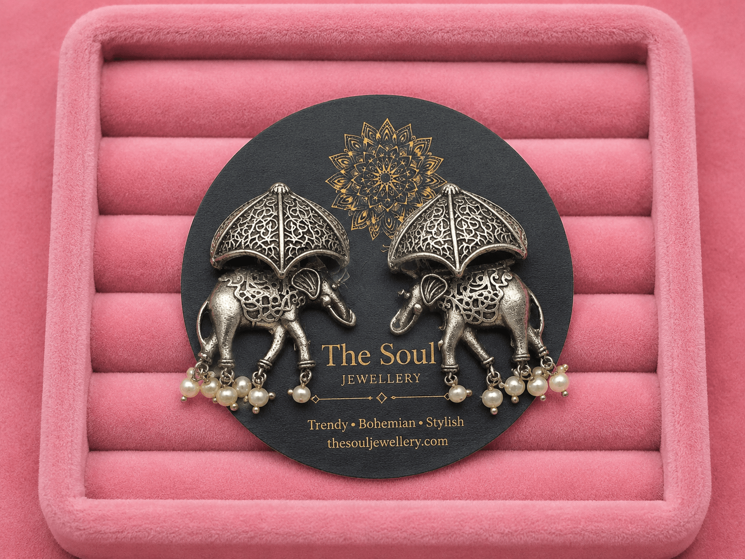 Gajraj Umbrella Oxidised Earrings for Women – Vintage Silver Elephant Pearl Drop Statement Earrings - The Soul Jewellery