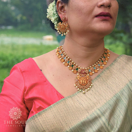 Mythily Antique Gold Plated Short Necklace Set with Ram Sita Coin Design - The Soul Jewellery