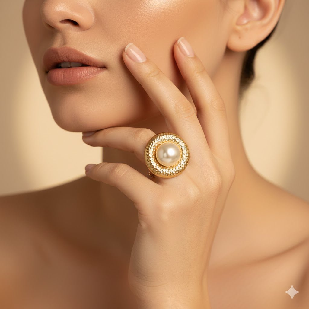 Minimal Pearl Adjustable Ring | Anti - Tarnish Gold Ring with Hammered Design - The Soul Jewellery