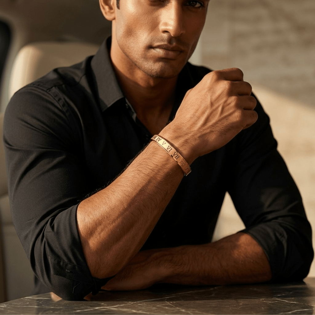 Regal Roman Aura 27™ Men’s Gold Bracelet – Engraved Roman Numeral Kada | Anti-Tarnish Minimal Cuff - The Soul Jewellery