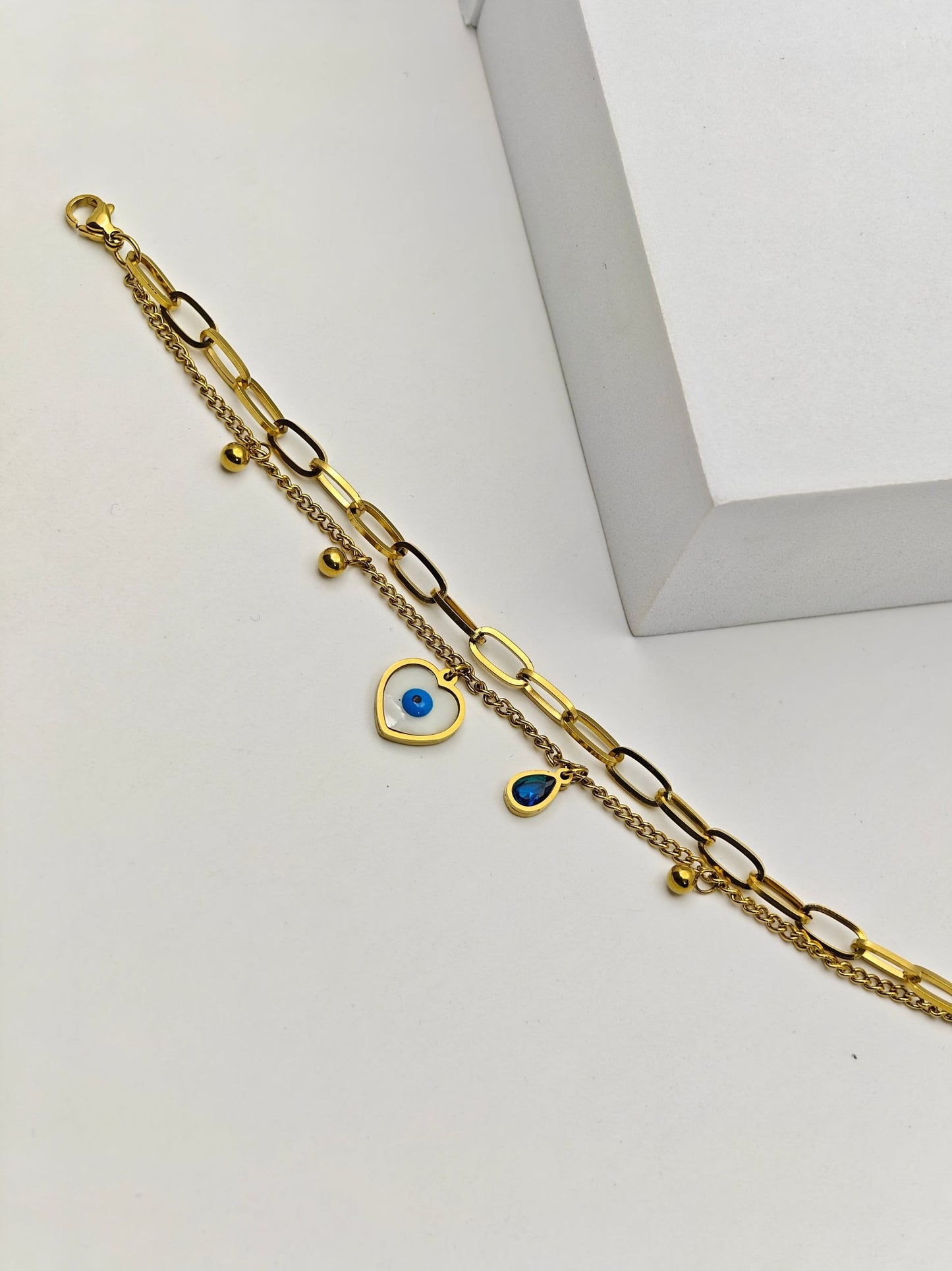 Aurelia 6 NazarHeart Dual - Chain Demi - Fine Anti - Tarnish Evil Eye Gold Bracelet for Women - The Soul Jewellery
