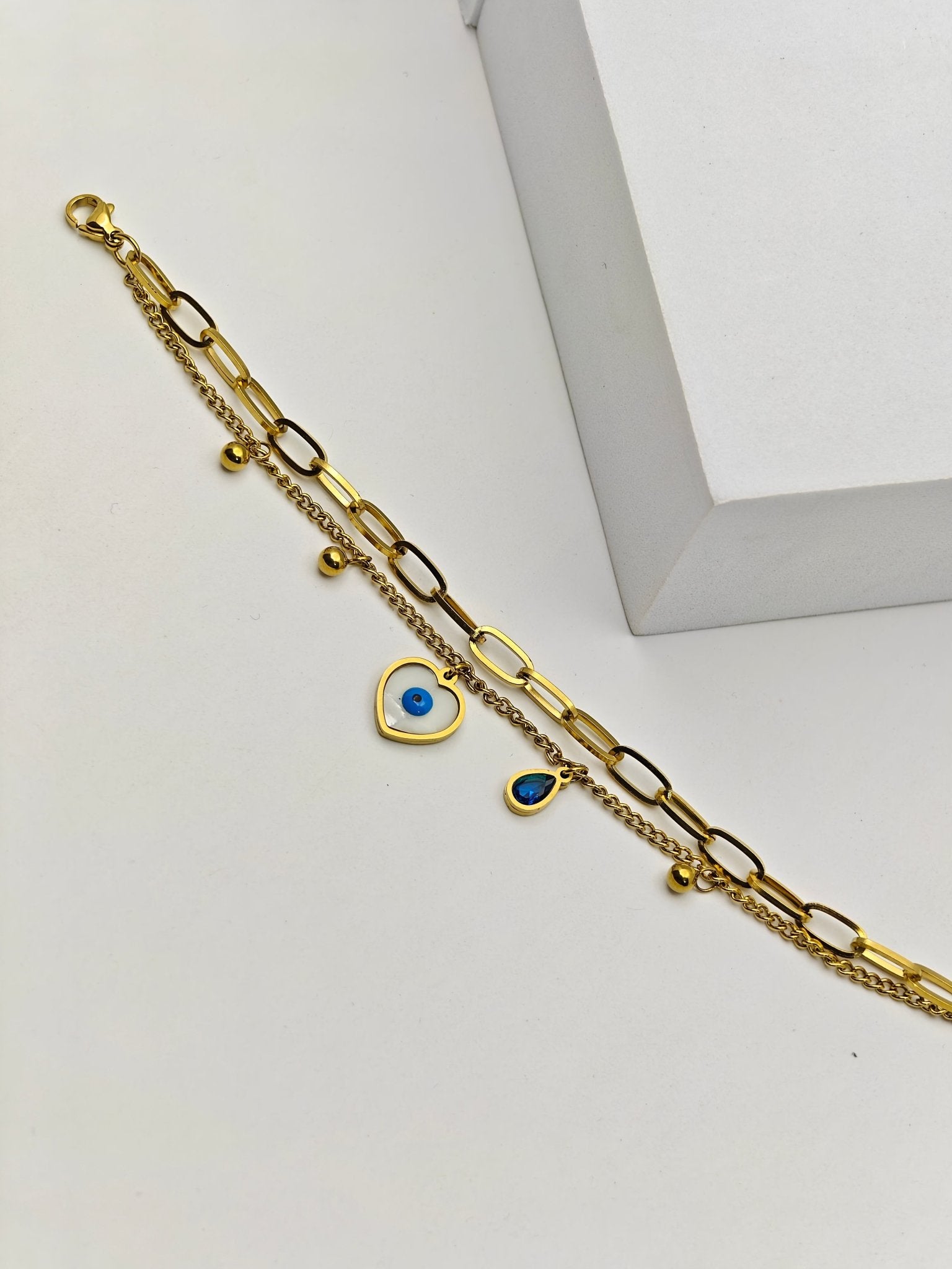 Aurelia 6 NazarHeart Dual - Chain Demi - Fine Anti - Tarnish Evil Eye Gold Bracelet for Women - The Soul Jewellery