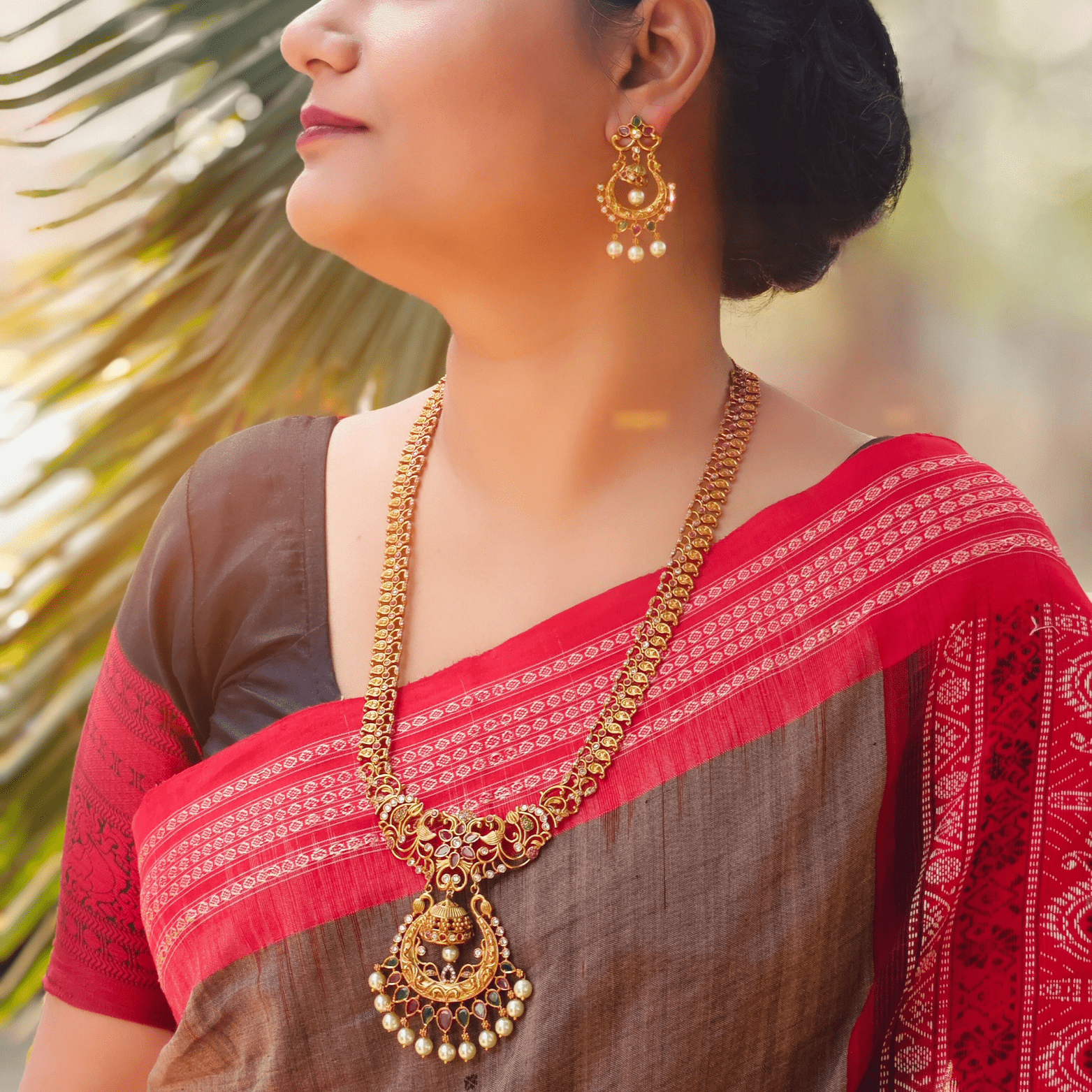 Anika Antique Matte Gold Plated Long Necklace Set with Peacock and Leaf Motif - The Soul Jewellery