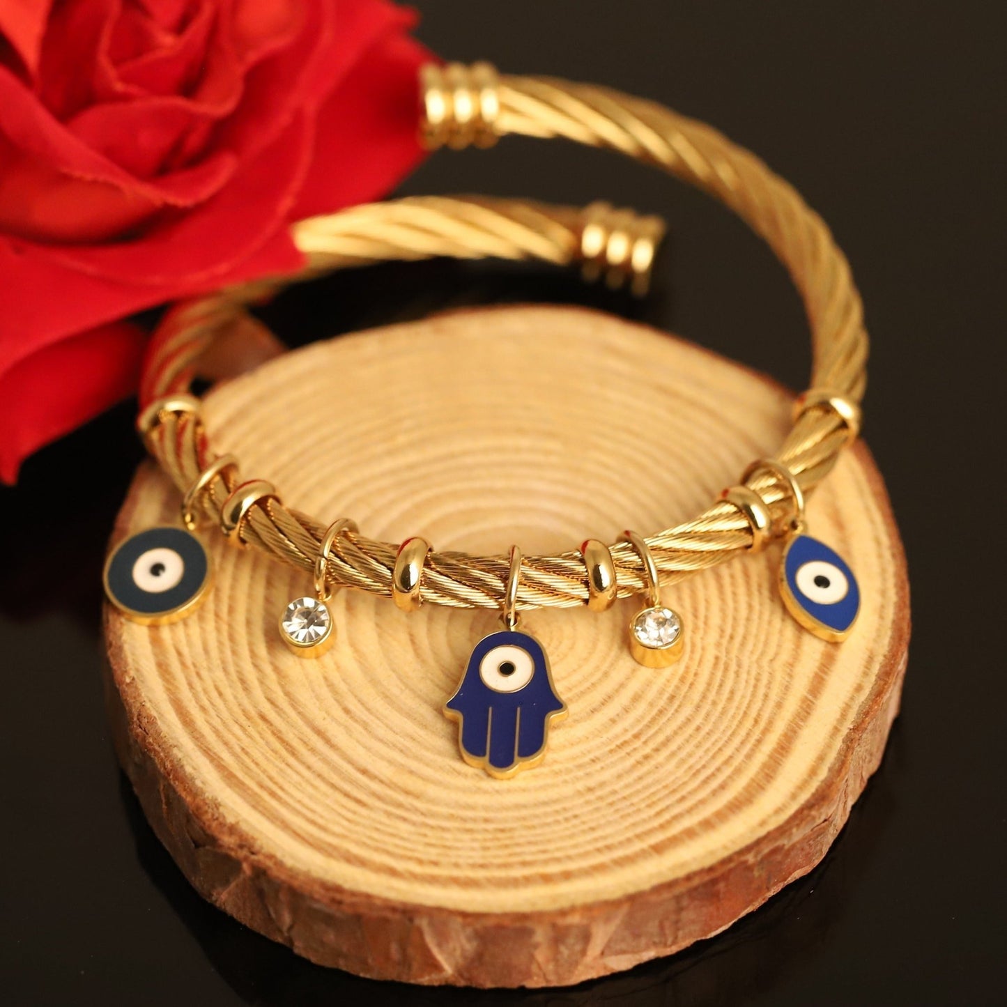 Luxury 18K Gold-Plated Evil Eye & Hamsa Charm Bracelet – Anti-Tarnish Stainless Steel Turkish Bangle for Protection & Style