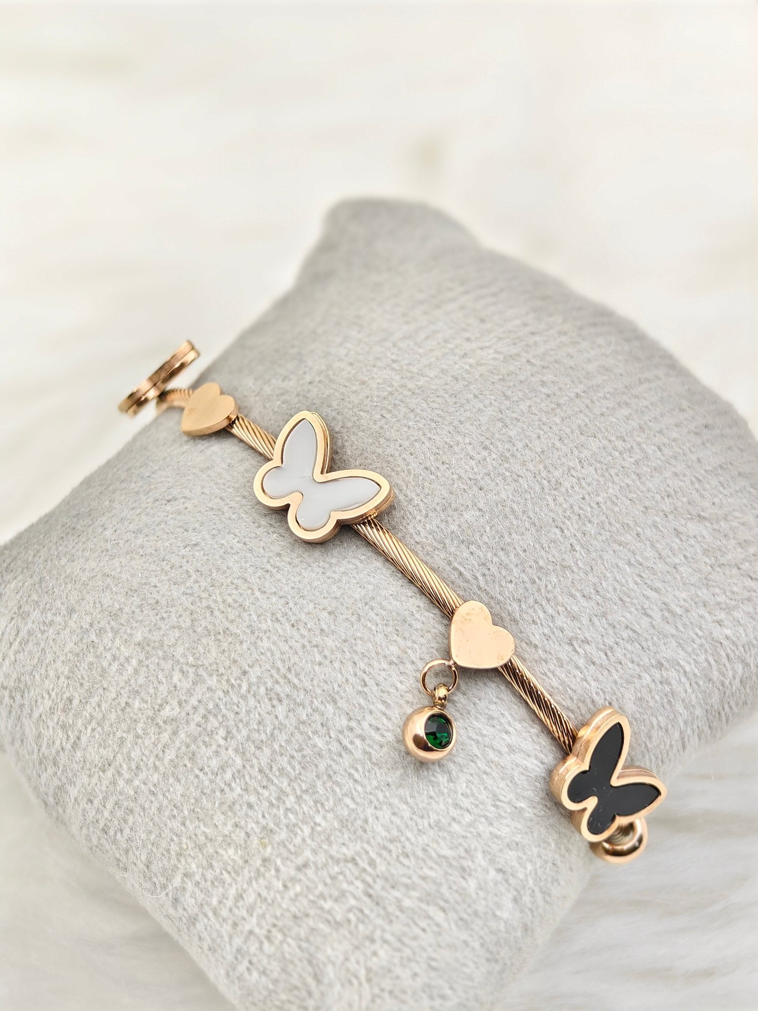 18K Gold Plated Anti - Tarnish Black & White Enamel Charm Bracelet – Elegant Butterfly Statement Bangle for Women RGB494 - The Soul Jewellery