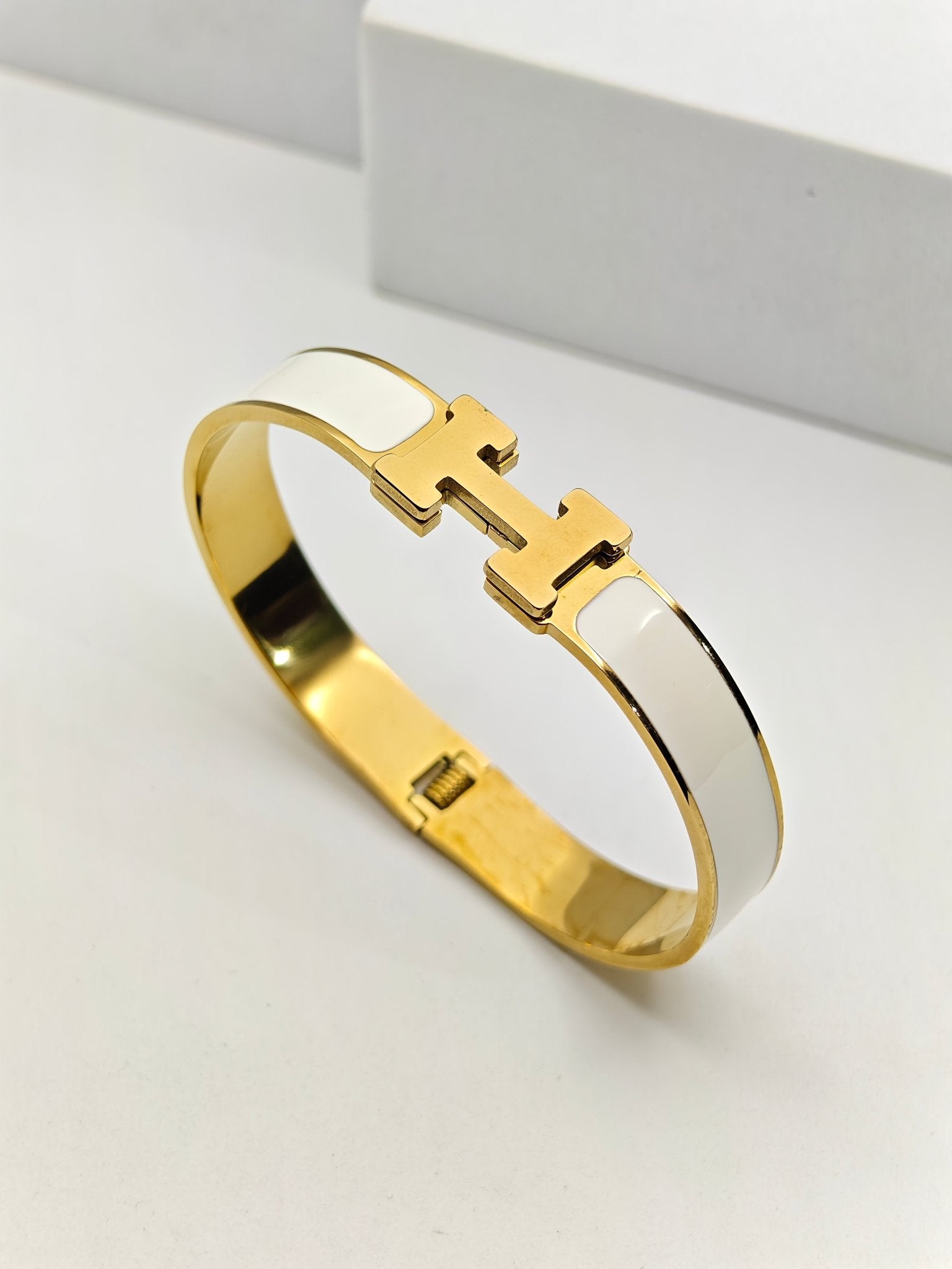 AuraLuxe Harmony 6™ Demi - Fine H Bracelet | 18K Gold Plated Anti - Tarnish Stainless Steel White Enamel Cuff for Women - The Soul Jewellery