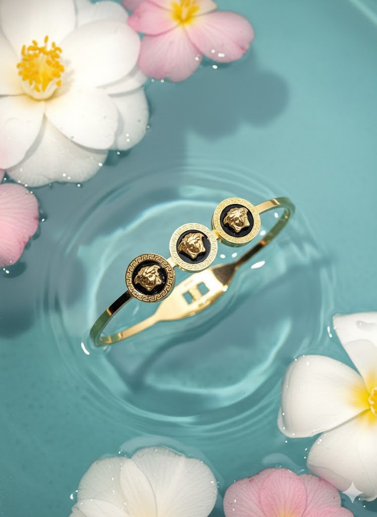 Versace-Inspired Medusa Motif Bangle Bracelet Black Enamel | AntiTarnish Stainless Steel Unisex Kada -The Soul Jewellery